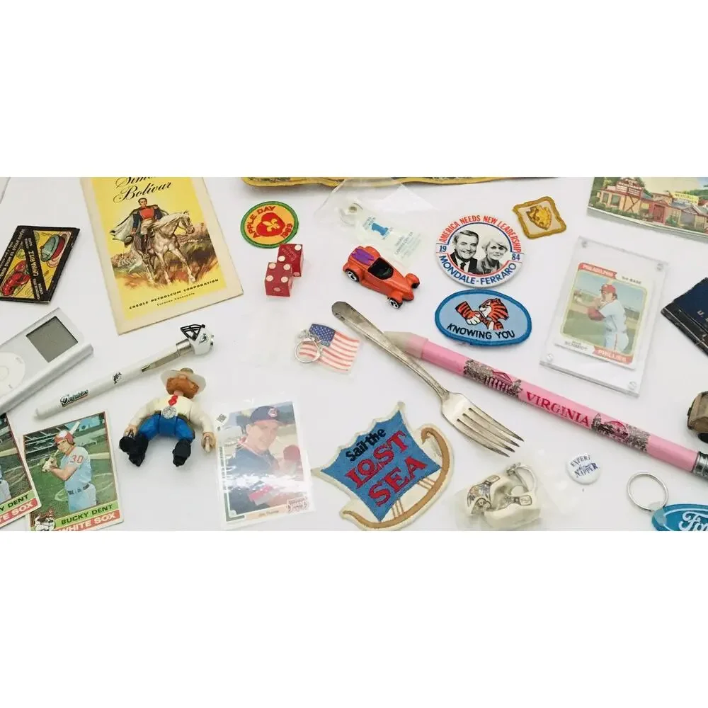 Junk Drawer Lot Vtg Key Chains Patches Baseball Cards Map Type 99 Model Military